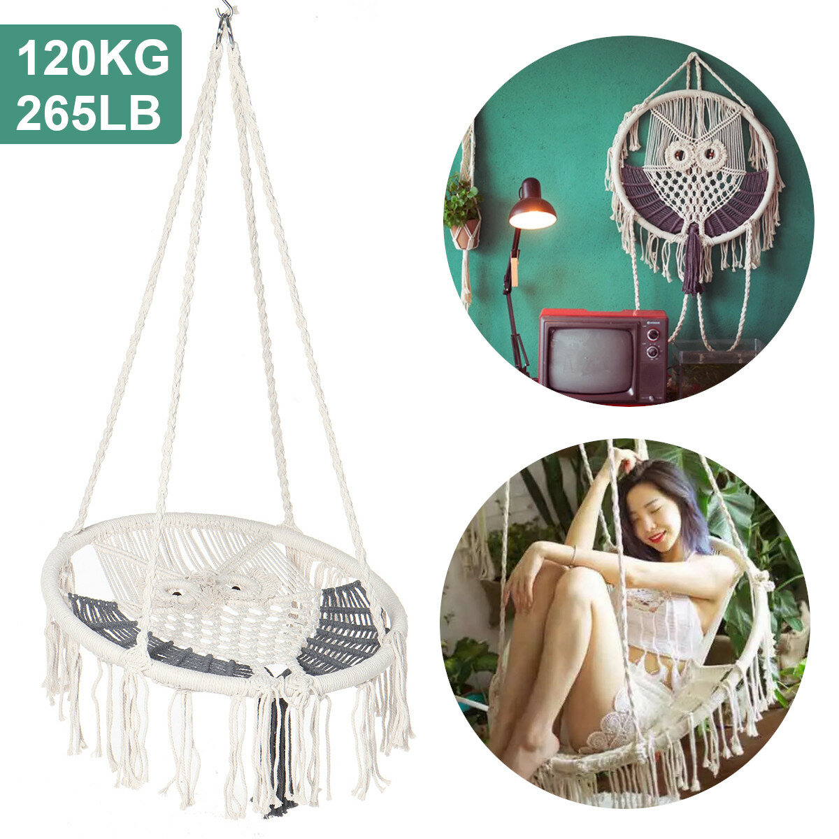 Image of Round Hammock Chair Swing Hanging Chairs Outdoor Garden Indoor Max Load 120kg