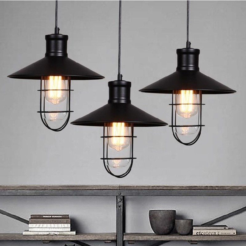 Image of Rustic Pendant Lights Vintage Style Pendant Lamps Loft Rounded Metal Lamp Shade Kichler Linear Suspension Lighting Black Color Industrial
