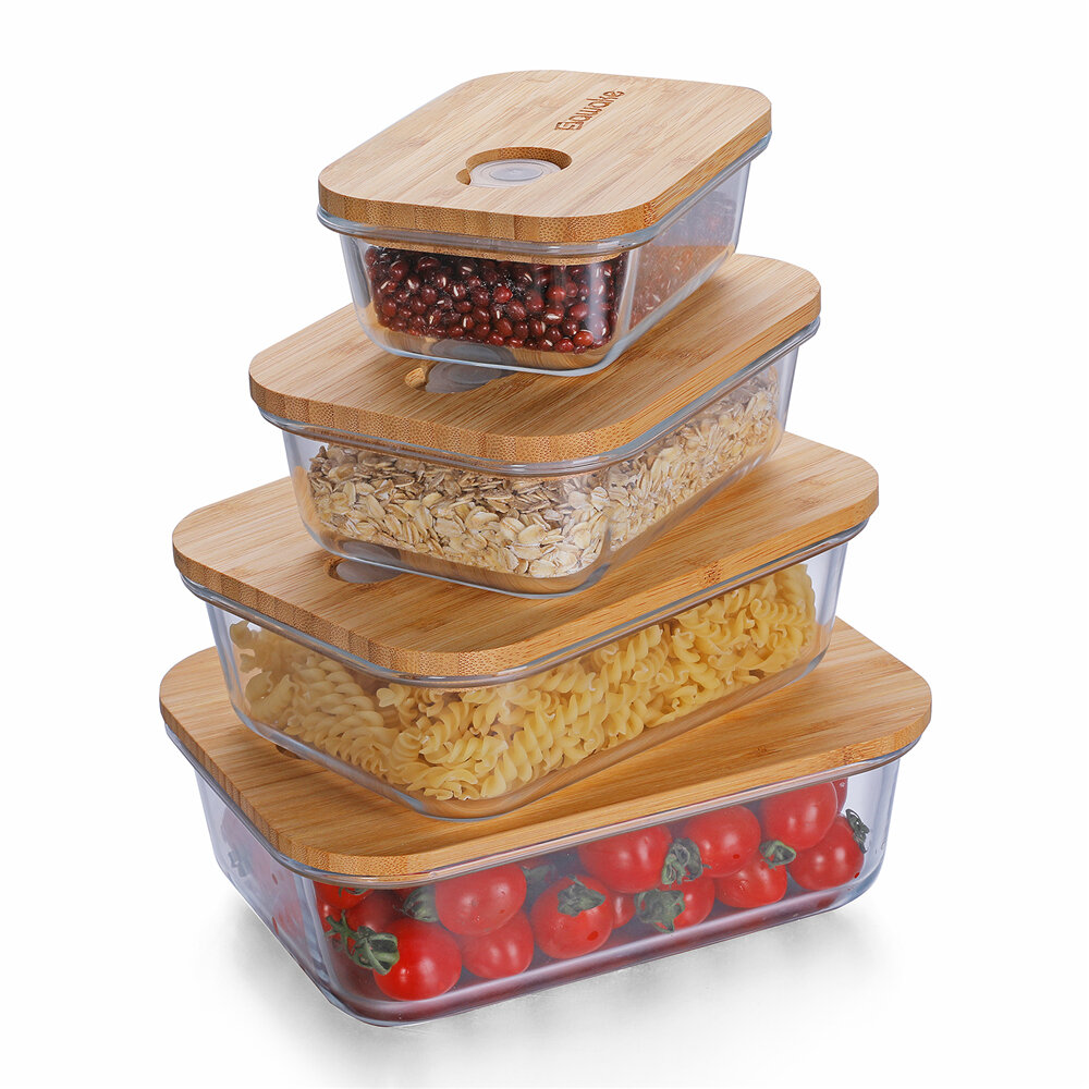 Image of SAWAKE Food Glass Storage Set With Airtight Bamboo Lids Elastic Band Food Lunch Containers