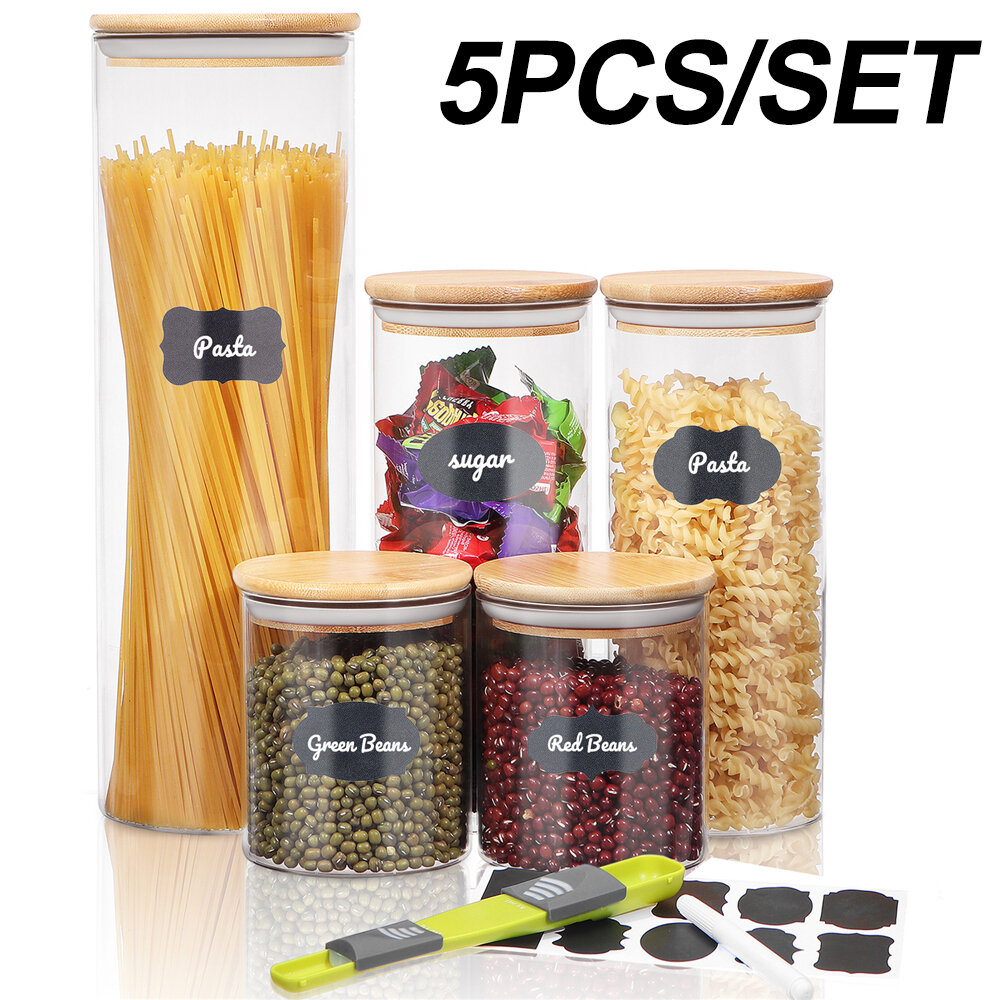 Image of SAWAKE Glass Storage Jar 5 Set Food Storage Containers Airtight Food Jars with Bamboo Wooden Lids