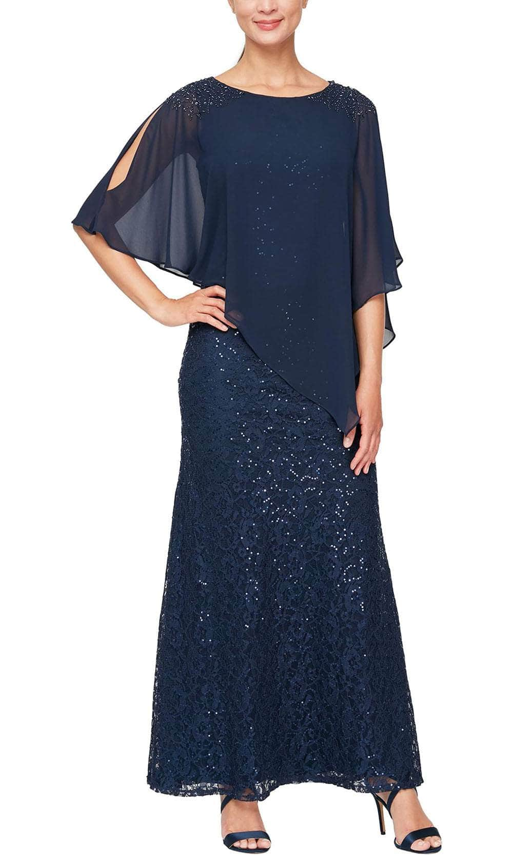 Image of SLNY 9213121 - Sequin Lace Capelet Dress