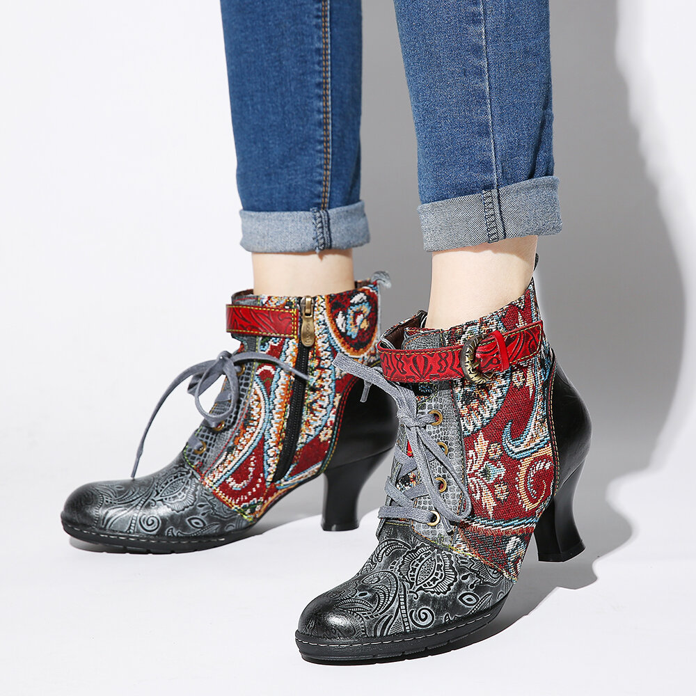 Image of SOCOFY Embossed Splicing Tribal Pattern Buckle Deco Lace-up Zipper Warm Lined Ankle Boots