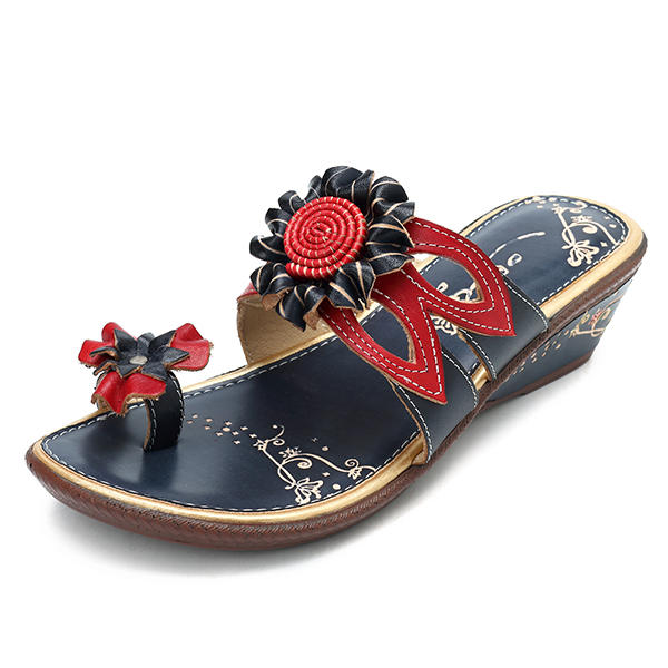 Image of SOCOFY Retro Floral Genuine Leather Slip On Wedge Sandals