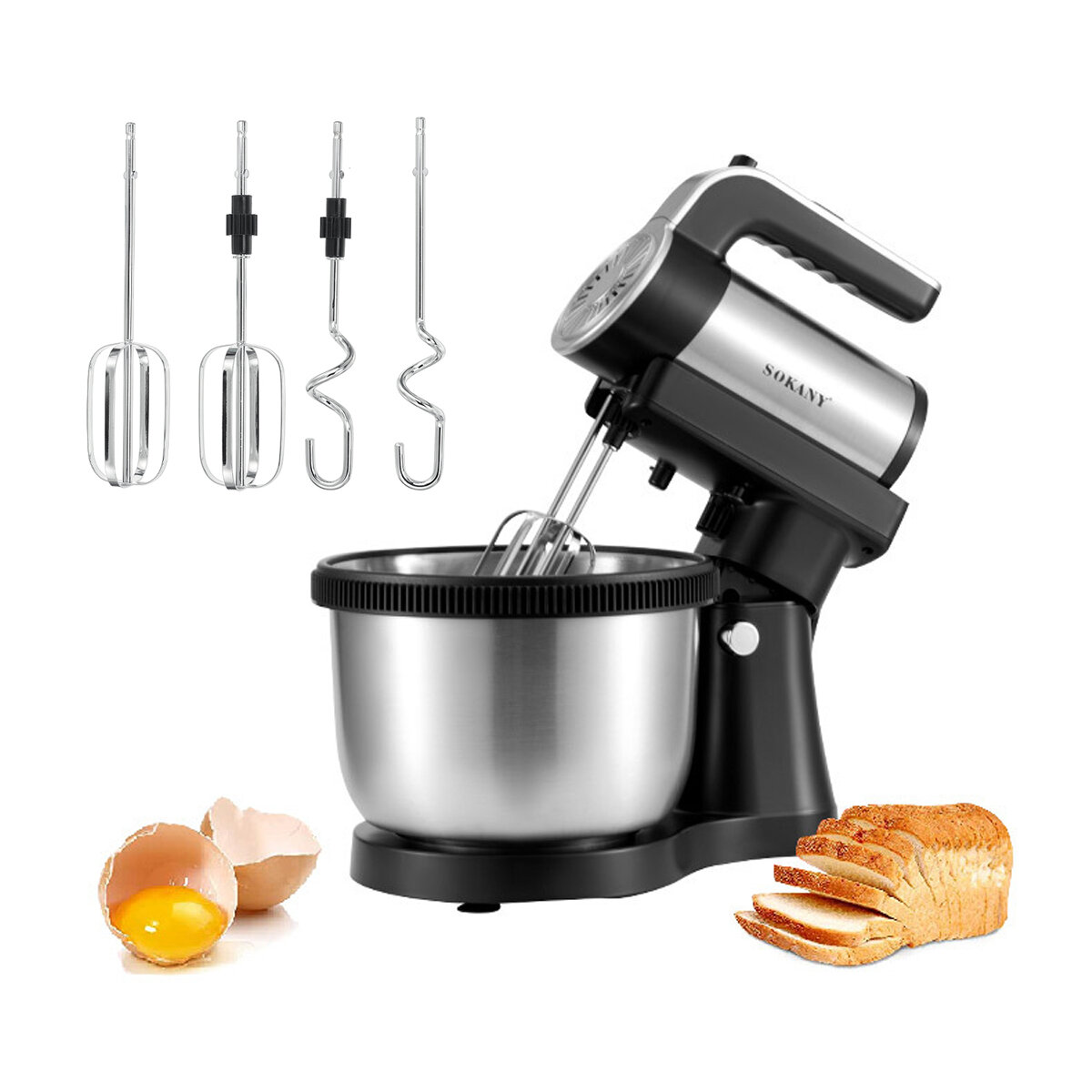 Image of SOKANY 6662 Kitchen Electric Stand Mixer 4L 5 Speed Tilt Head with Dough Rod Wire Whip & Beater Stainless Steel Bowl