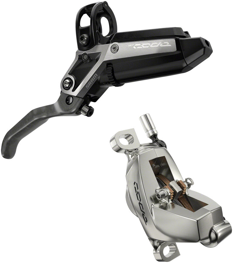 Image of SRAM Code Ultimate Stealth Disc Brake and Lever - Rear Post Mount 4-Piston Carbon Lever Titanium Hardware Black/Silver C1