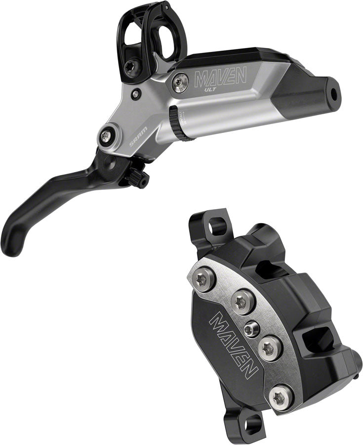 Image of SRAM Maven Ultimate Stealth Disc Brake and Lever - Front Post Mount 4-Piston Carbon Lever Titanium Hardware Black/Silver A1