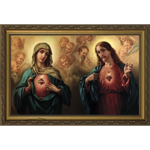 Image of Sacred and Immaculate Hearts Surrounded by Angels with Gold Frame