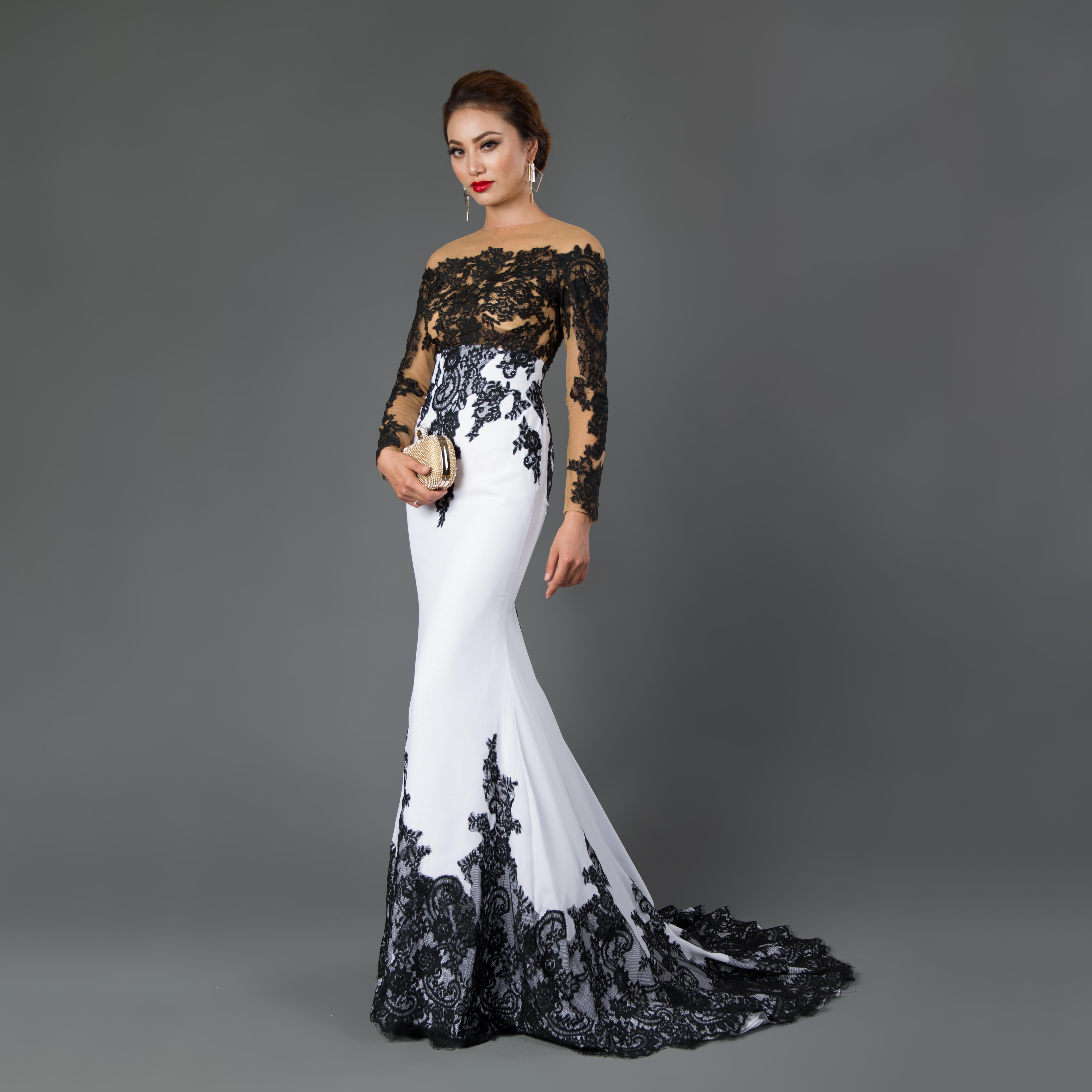 Image of Sale Long Sleeve Mermaid Evening Dress Appliques black lace sweep train formal Gowns Cocktail party provide Dresses