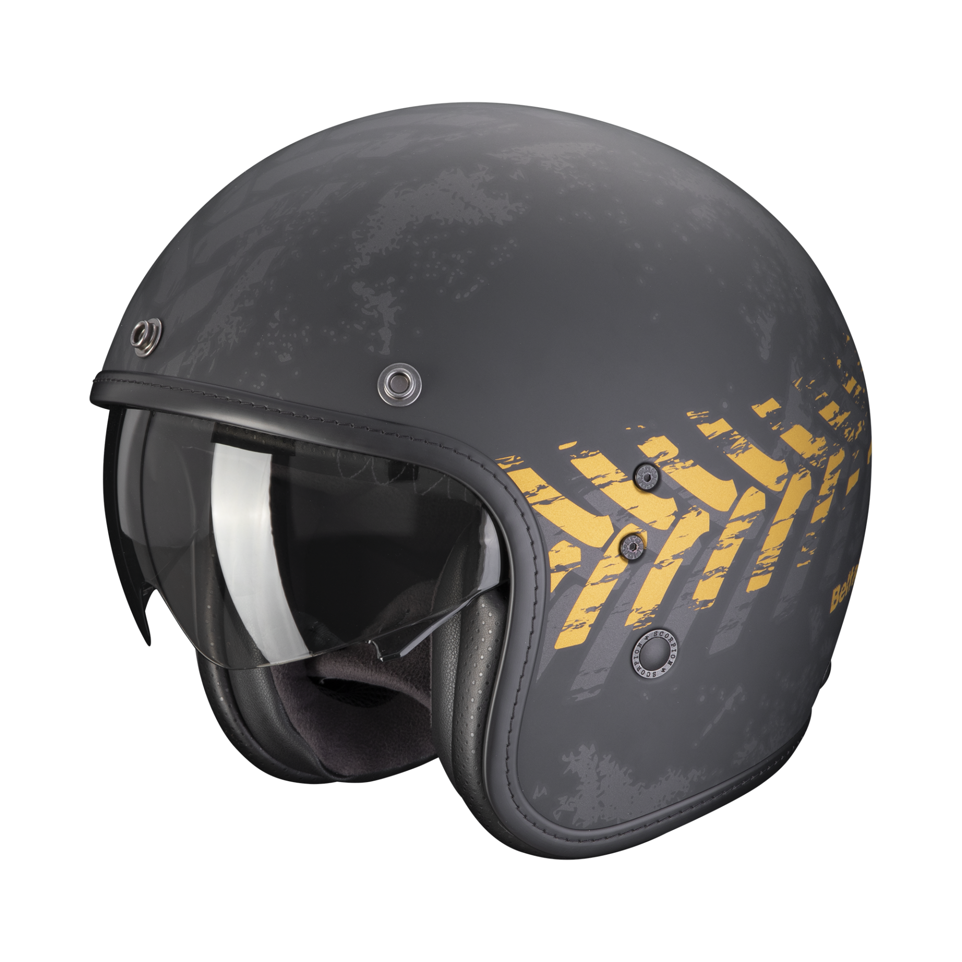 Image of Scorpion Belfast Evo Nevada Matt Black-Gold Jet Helmet Talla S
