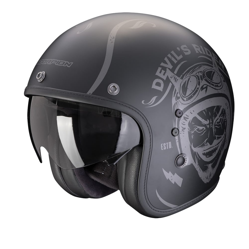 Image of Scorpion Belfast Evo Romeo Matt Black Silver Jet Helmet Talla S