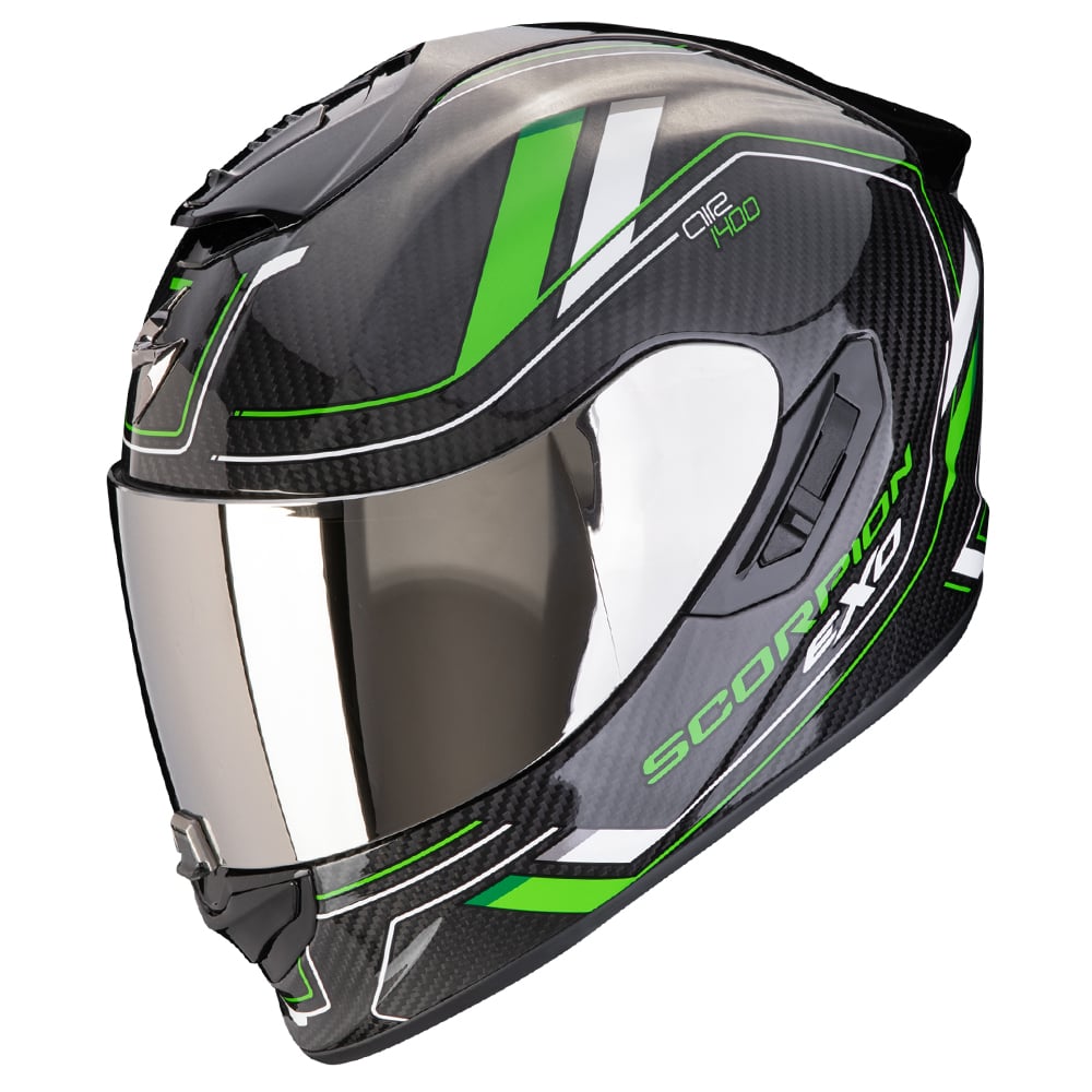Image of Scorpion EXO-1400 Evo II Carbon Air Mirage Black Green Full Face Helmet Size S ID 3701629108999