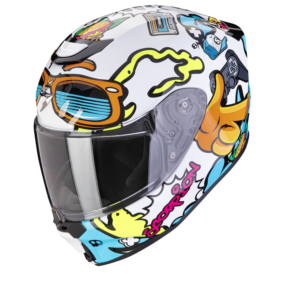 Image of Scorpion EXO-JNR Fun White Blue Full Face Helmet Size S ID 3701629106285