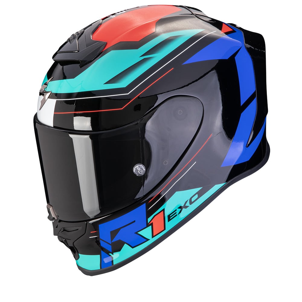 Image of Scorpion EXO-R1 Evo Air Blaze Black Blue Red Full Face Helmet Size L ID 3701629108913