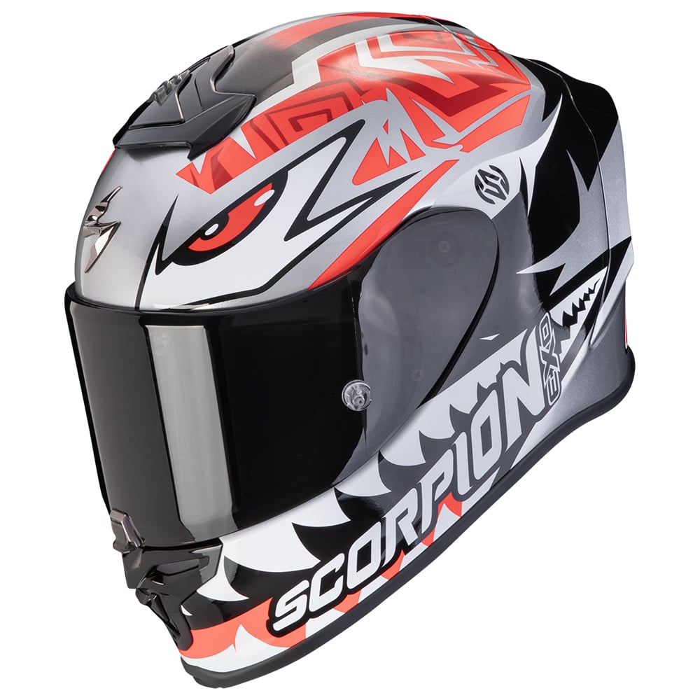 Image of Scorpion EXO-R1 Evo Air Zaccone Silver Black Red Full Face Helmet Talla L
