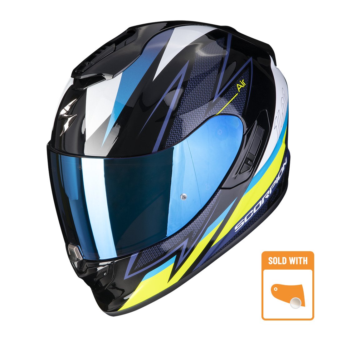 Image of Scorpion Exo-1400 Evo Air Thelios Black-Blue-Neon Yellow Full Face Helmet Size XL ID 3399990100959