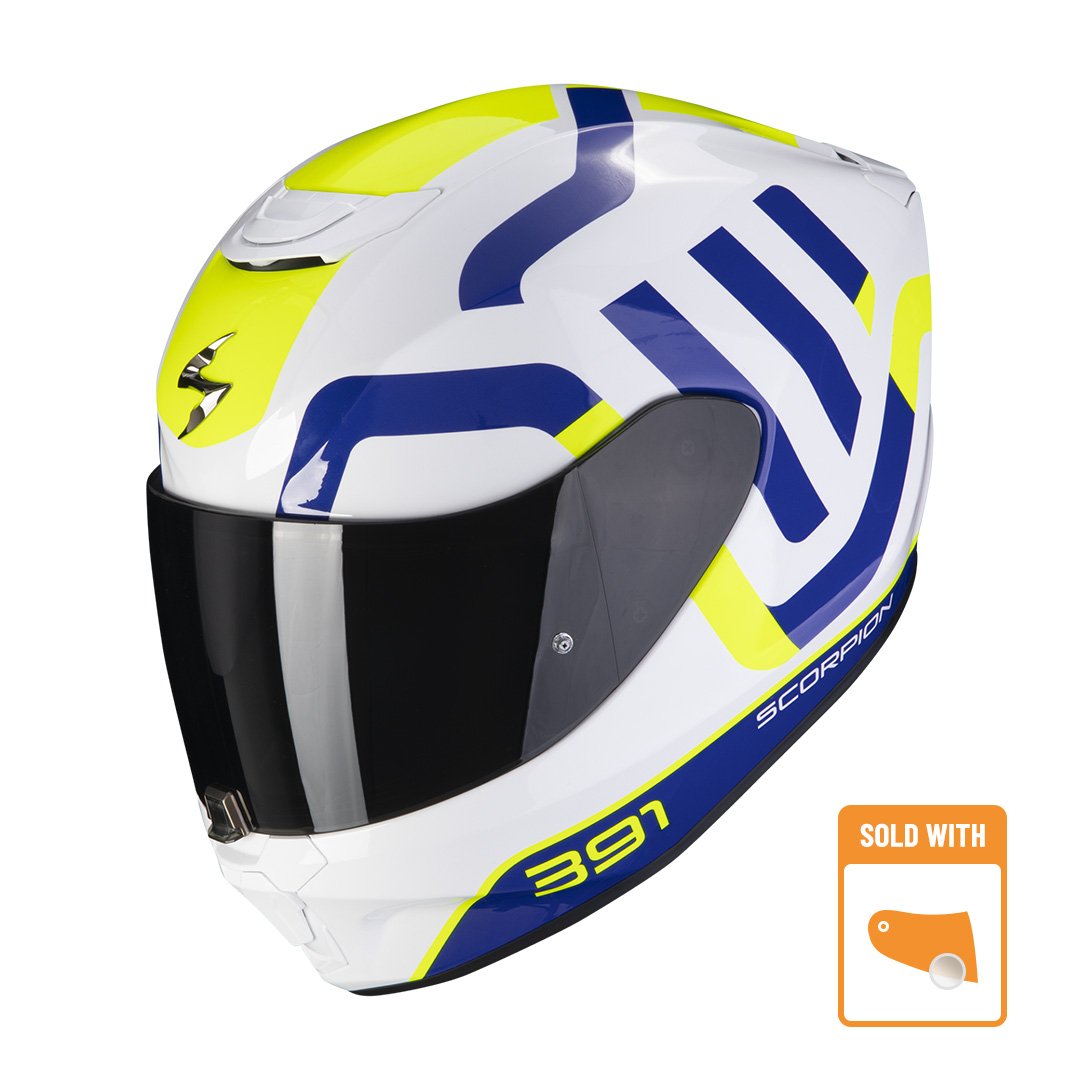 Image of Scorpion Exo-391 Arok White-Blue-Neon Yellow Full Face Helmet Size 2XL ID 3399990109532