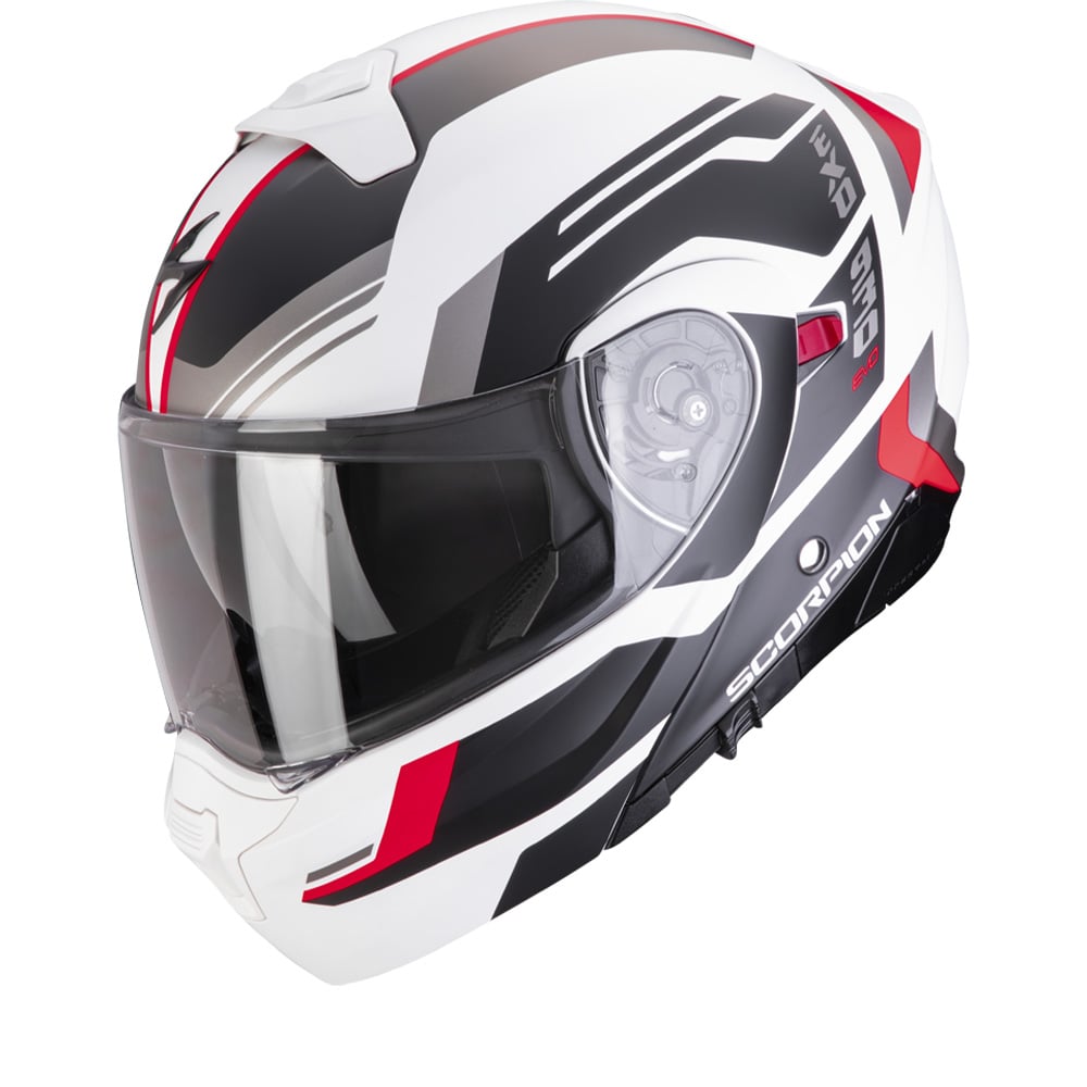 Image of Scorpion Exo-930 Evo Sikon Matt White Black Red Modular Helmet Size 2XL EN