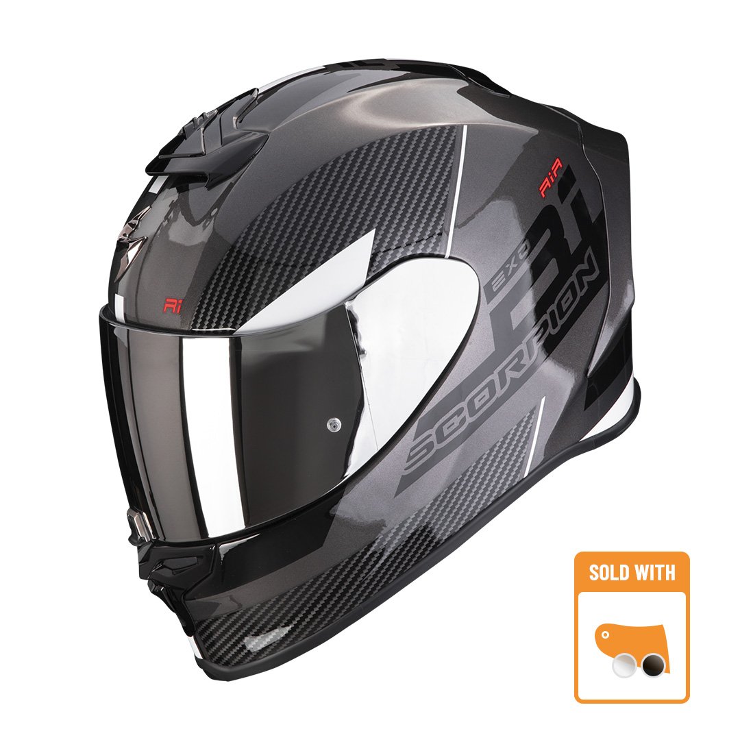 Image of Scorpion Exo-R1 Evo Air Final Dark Silver-Black-White Full Face Helmet Talla XL