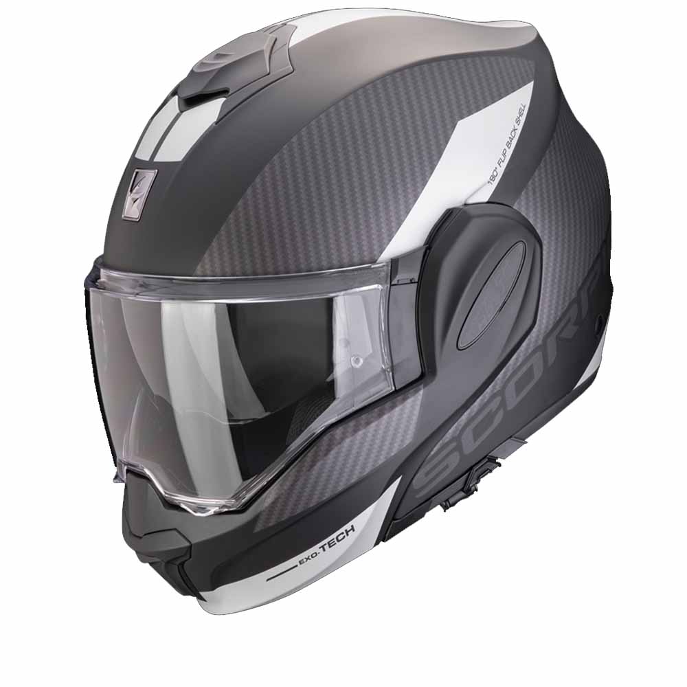 Image of Scorpion Exo-Tech Evo Team Matt Black Silver Modular Helmet Size L ID 3701629110565