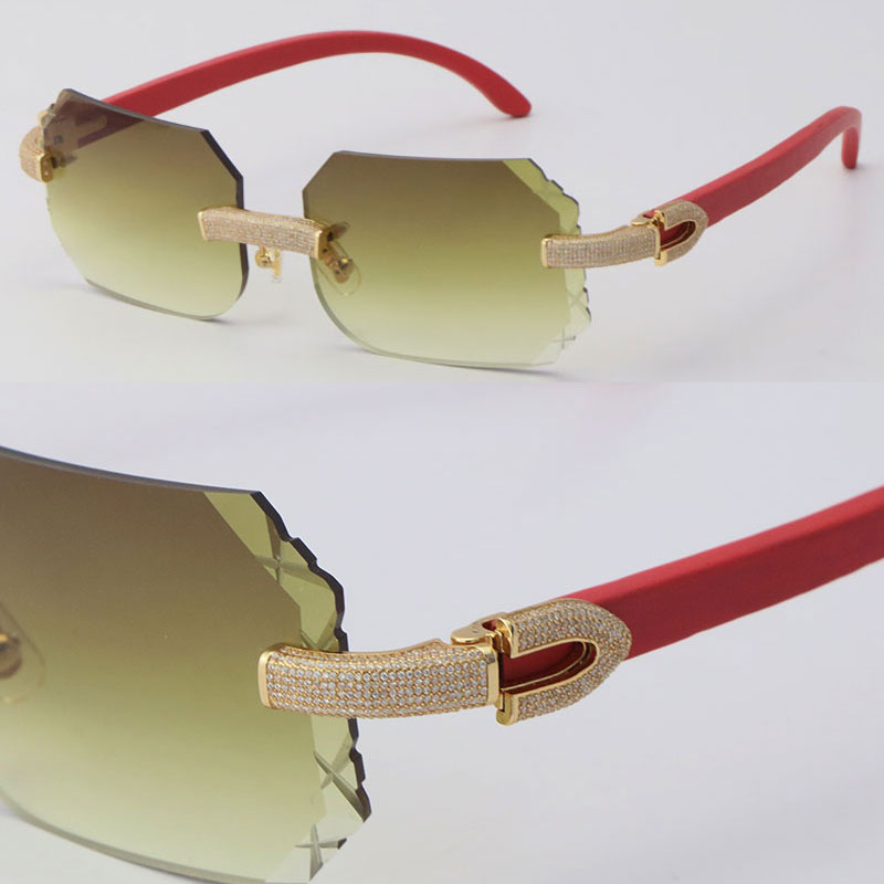Image of Selling Micro-paved Rimless Wood Diamond Set Sunglasses Red Wooden Sun Glasses Rocks Metal Frame Male and Female 18K Gold Top Rim Focus Larg
