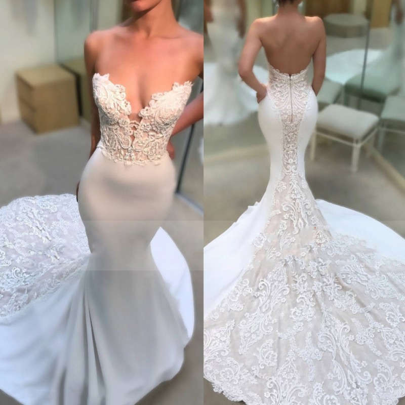 Image of Sexy Beach Mermaid Wedding Dress Saudi Arabic Sweetheart Neck Lace Bridal Gowns With Sweep Train Backless Dresses Custom Made