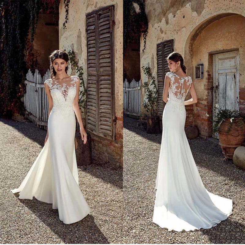 Image of Sexy Dress Sleeveless See Through Top Appliqued Lace Wedding Dresses Mermaid Beach Boho Bridal Gown