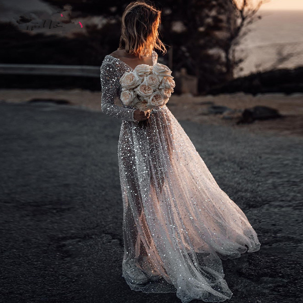 Image of Sexy Illusion Boho Wedding Dress A-Line V-Neck Sleeves Dresses Backless Bridal Gowns Sequined Beading Beach