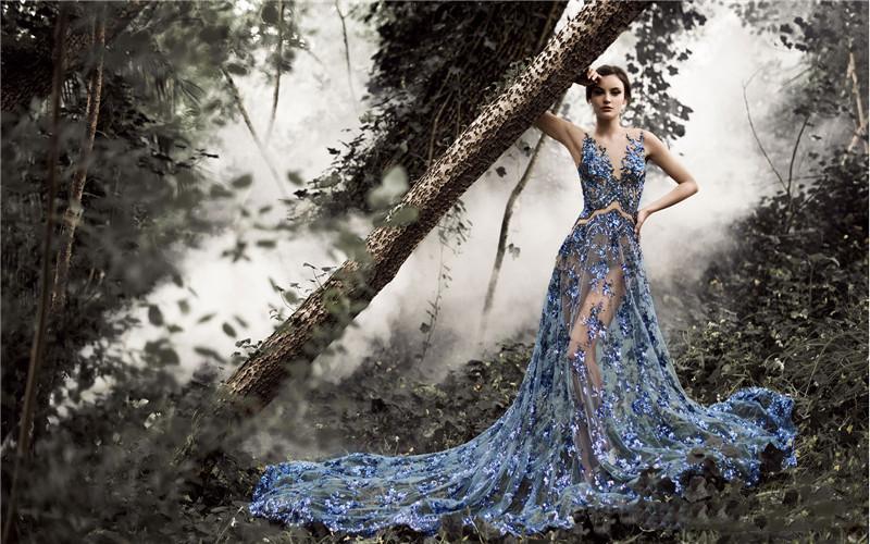 Image of Sexy Paolo Sebastian Beach Blue Appliques Sequins Real Images Sheer Tulle Sweep Train Celebrity Dress Evening Prom Gowns
