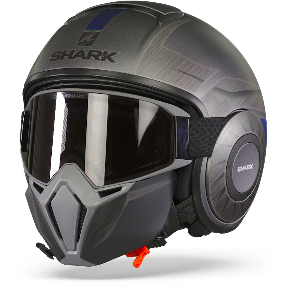 Image of Shark Street Drak Tribute Rm Mat Anthracite Chrom Blue AUB Jet Helmet Size XS EN