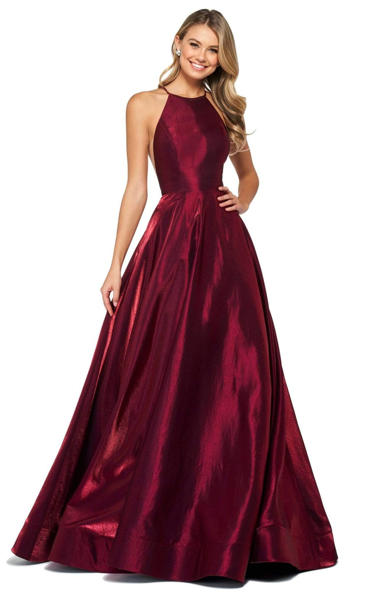 Image of Sherri Hill - 53350 High Neckline Shimmer Satin A-Line Dress
