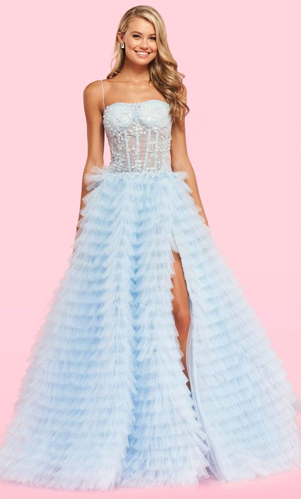 Image of Sherri Hill - 54189 Sheer Bodice Tiered Tulle High Slit Ballgown