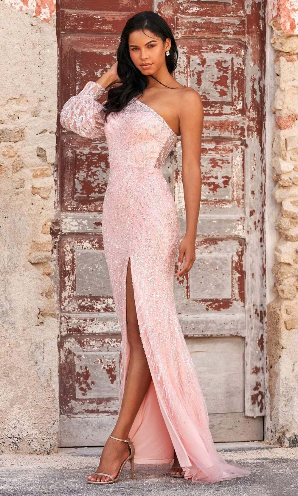 Image of Sherri Hill - 55057 Glittered Slit Sheath Asymmetric Gown