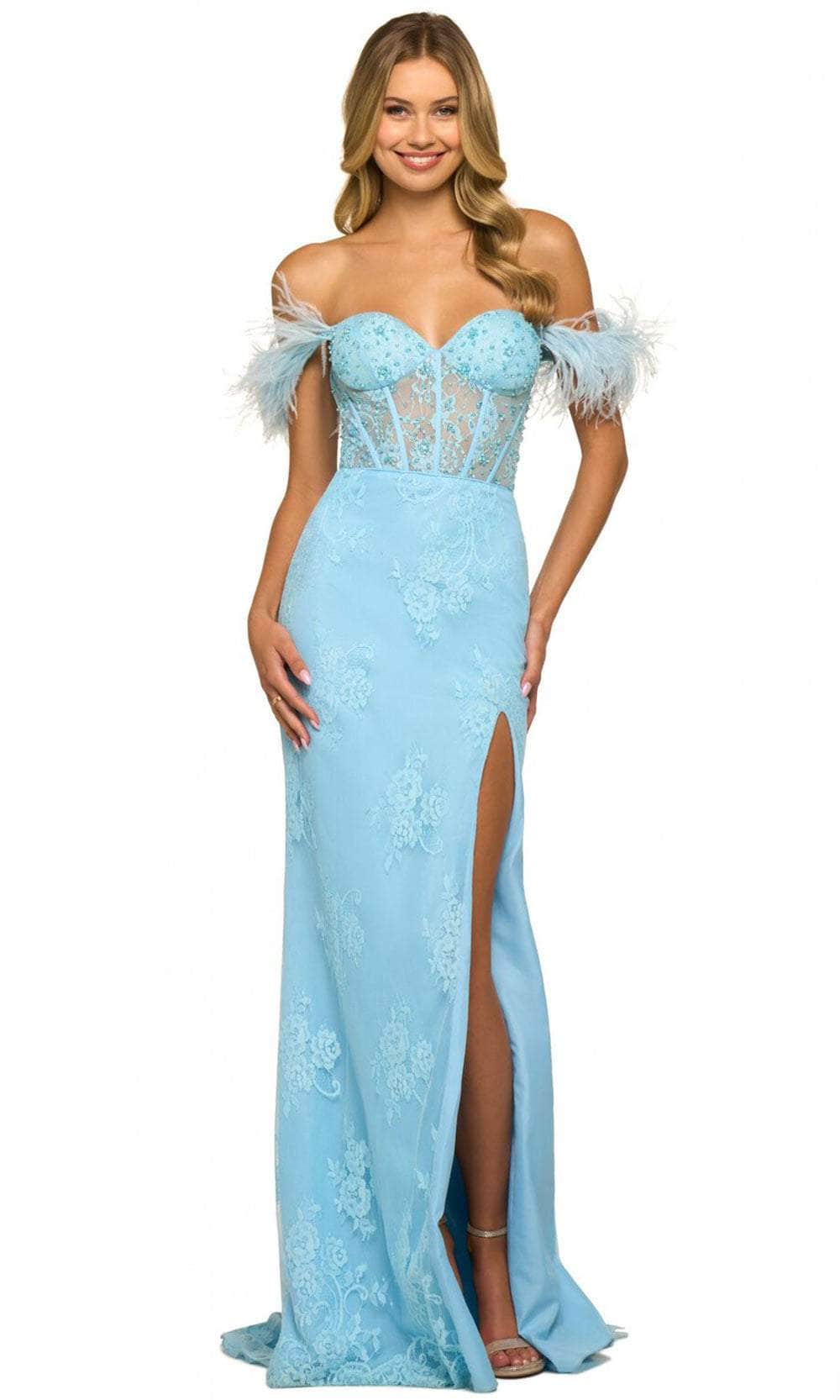 Image of Sherri Hill 55068 - Feathered Sleeve Lace Evening Gown