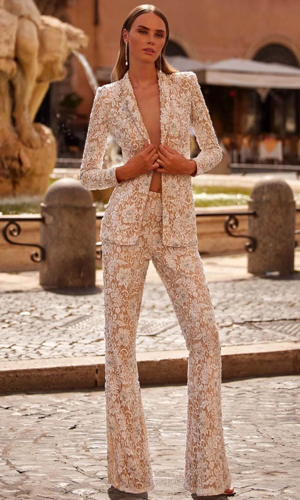 Image of Sherri Hill 55907 - Plunging V-Neck Beaded Lace Pantsuit