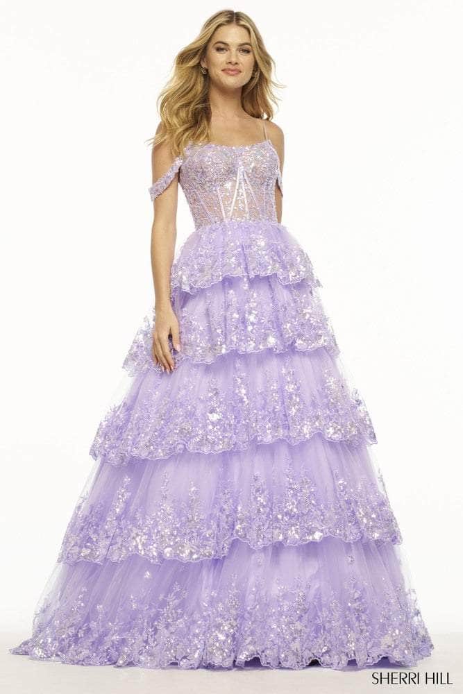 Image of Sherri Hill 56104 - Cold Shoulder Sequined Ballgown