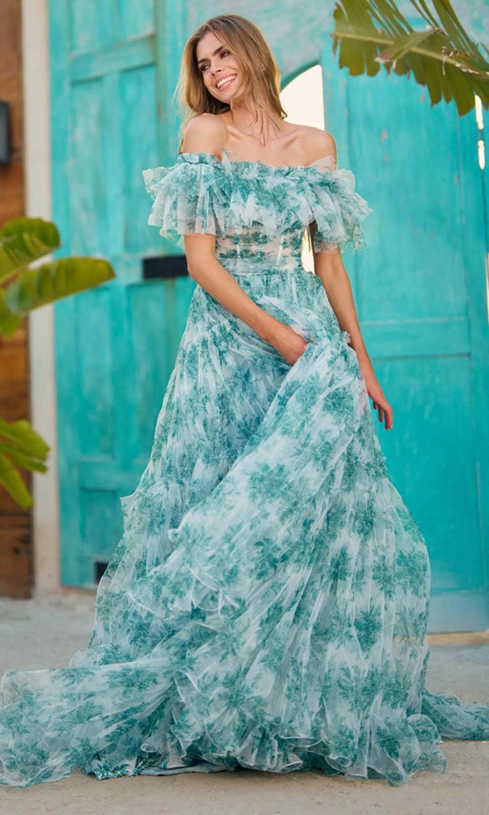 Image of Sherri Hill 56128 - Printed Off-Shoulder Ballgown