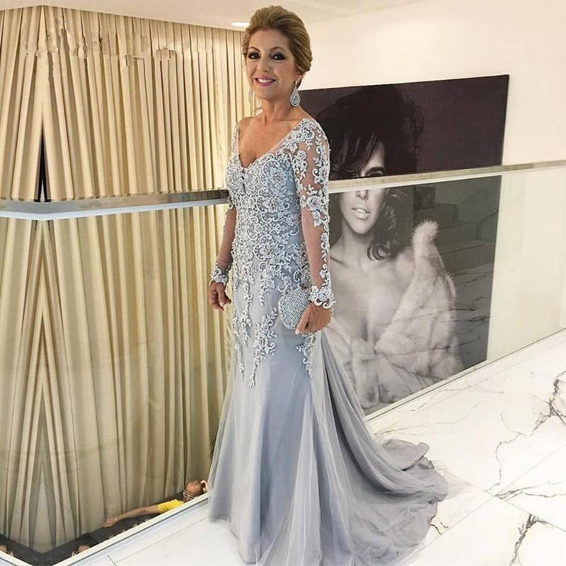 Image of Silver Mermaid V-neck Mother Of The Bride Dresses Long Sleeves Tulle Appliques Beaded Groom Wedding applique elegant Party