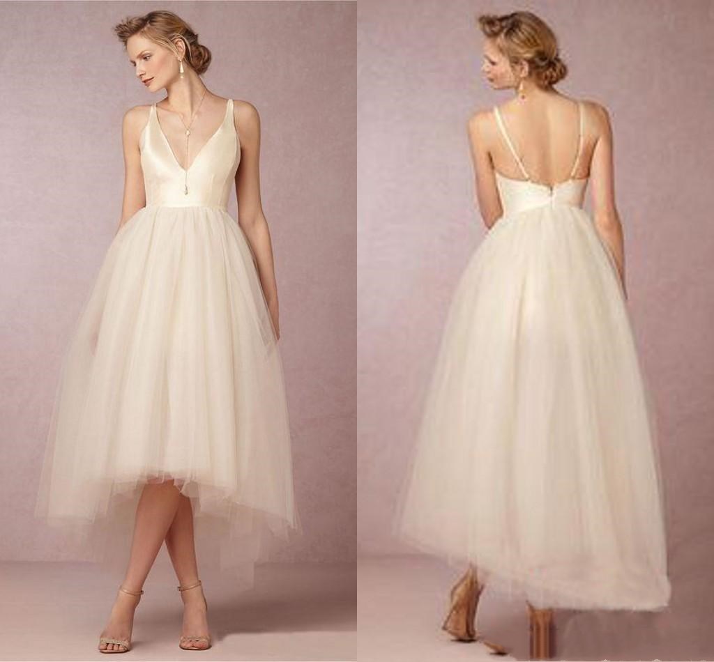 Image of Simple Beach Evening Dresses Plunging Neckline Sleeveless Gowns With Tiered Tulle Ruffle Tea-Length Bridal Gown