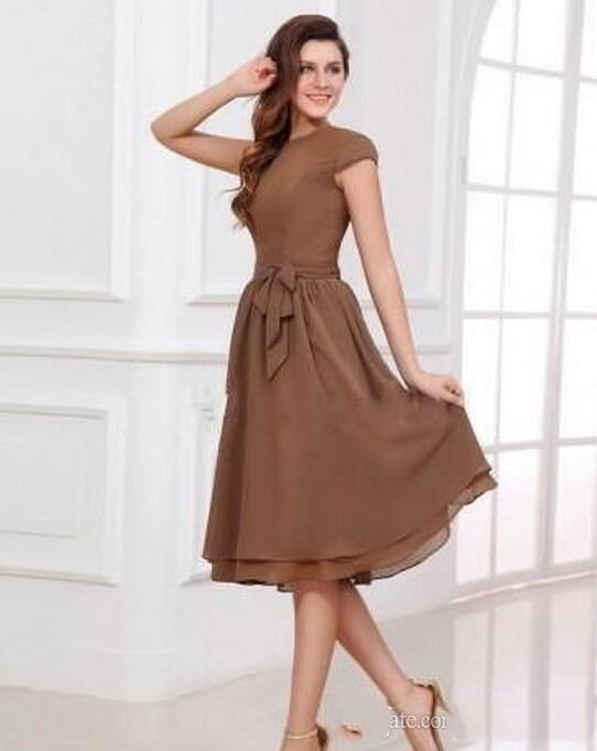 Image of Simple Modest Chiffon Bridesmaid Dresses Short Sleeves Crew Neck A-line Guests Gowns Knee Length Charming evening Gown