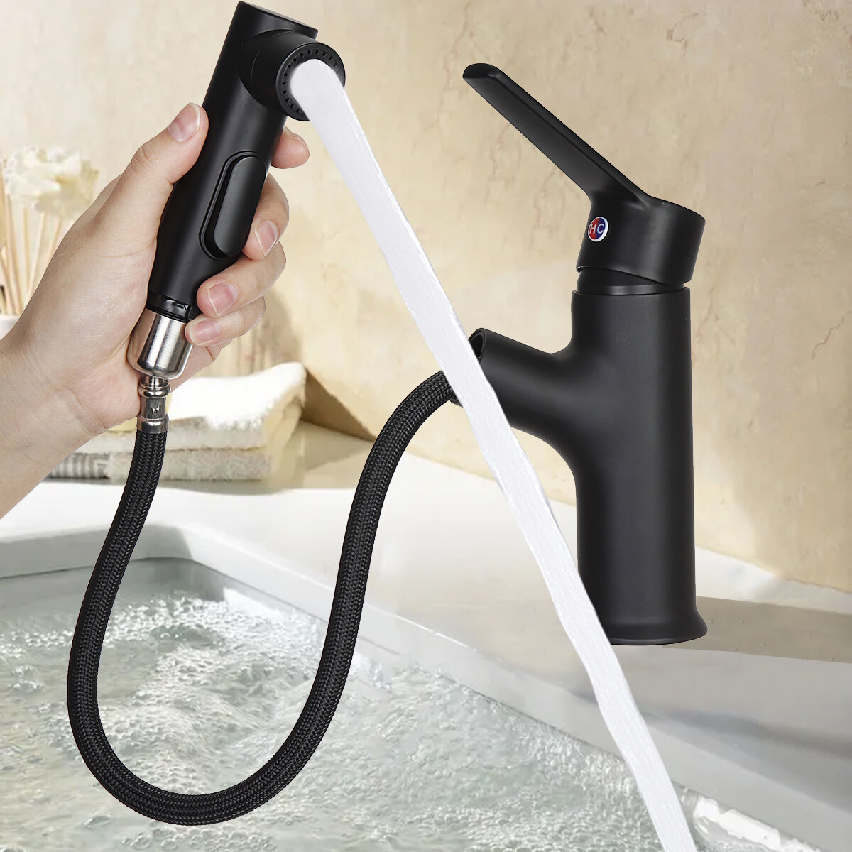Image of Sink Faucet Kitchen Pull Out Single Handle Mixer Tap Sprayer Bathroom Black
