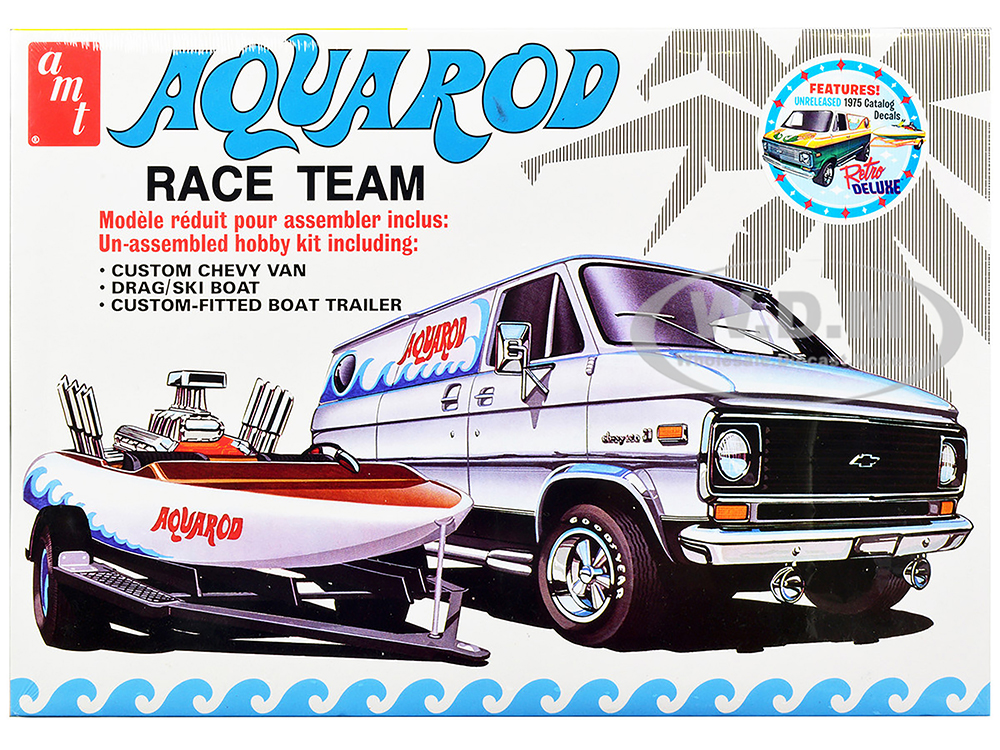 Image of Skill 2 Model Kit Chevrolet Custom Van with Drag/Ski Boat and Trailer "Aqua Rod Race Team" 1/25 Scale Model by AMT