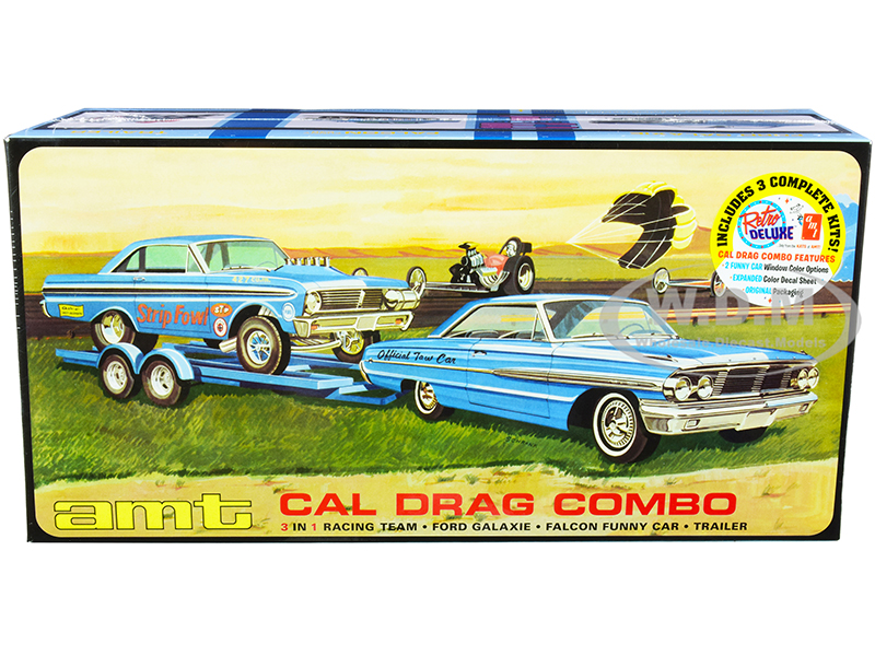 Image of Skill 2 Model Kit "Ford Cal Drag Team" Ford Galaxie with Ford Falcon Funny Car and Trailer Set of 3 Complete Kits 1/25 Scale Models by AMT