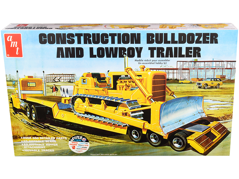 Image of Skill 3 Model Kit Construction Bulldozer and Lowboy Trailer Set of 2 pieces 1/25 Scale Model by AMT