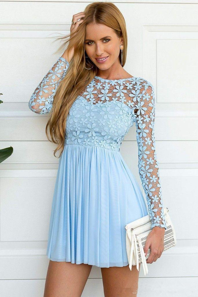 Image of Sky Blue Dresses Long Sleeve Crochet lace chiffon Skater Short Prom Homecoming Summer Holiday Elegant Occasion gown