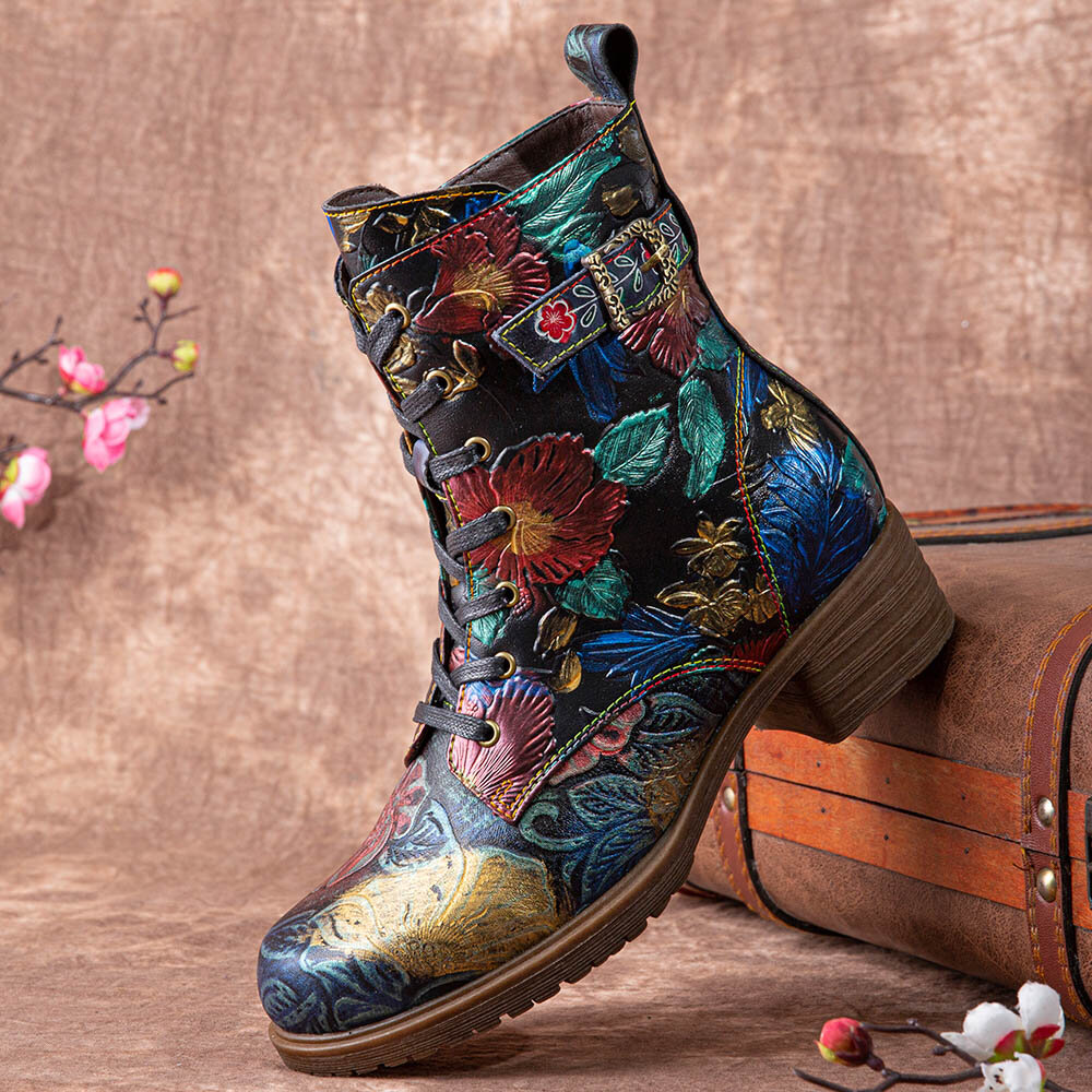 Image of Socofy Women Retro Floral Printing Leather Comfy Chunky Heels Lace Up Mid-calf Boots