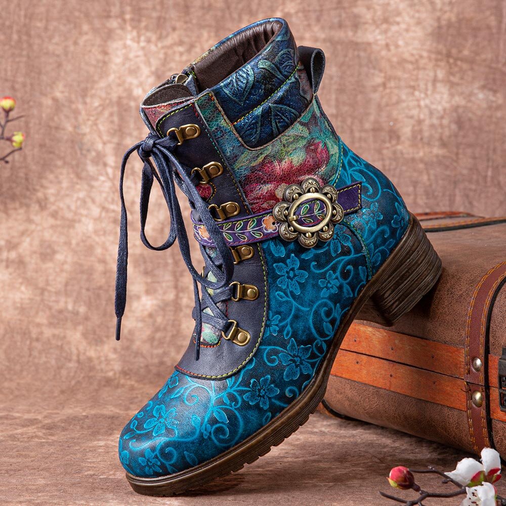 Image of Socofy Women Retro Floral Printing Leather Comfy Lace Up Chunky Heels Mid-calf Boots