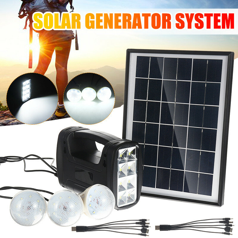 Image of Solar Panel Generator System Portable Home Kit with 3PCS 3W LED Light Bulb USB Charger Camping Lamp