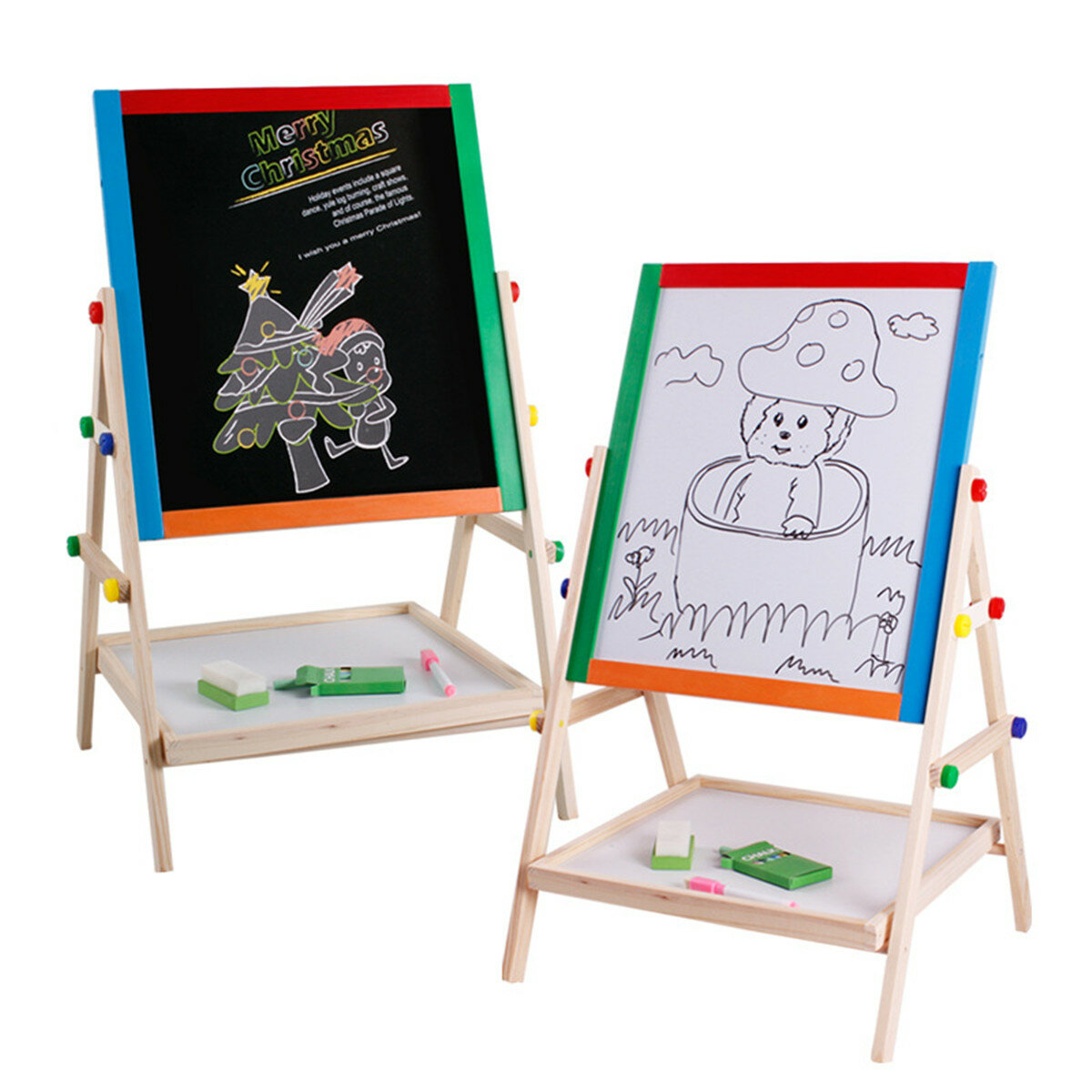 Image of Solid Wood Double-Sided Magnetic Drawing Board Small Writing Blackboard Bracket Drawing Tablet Colored Childrens Drawing