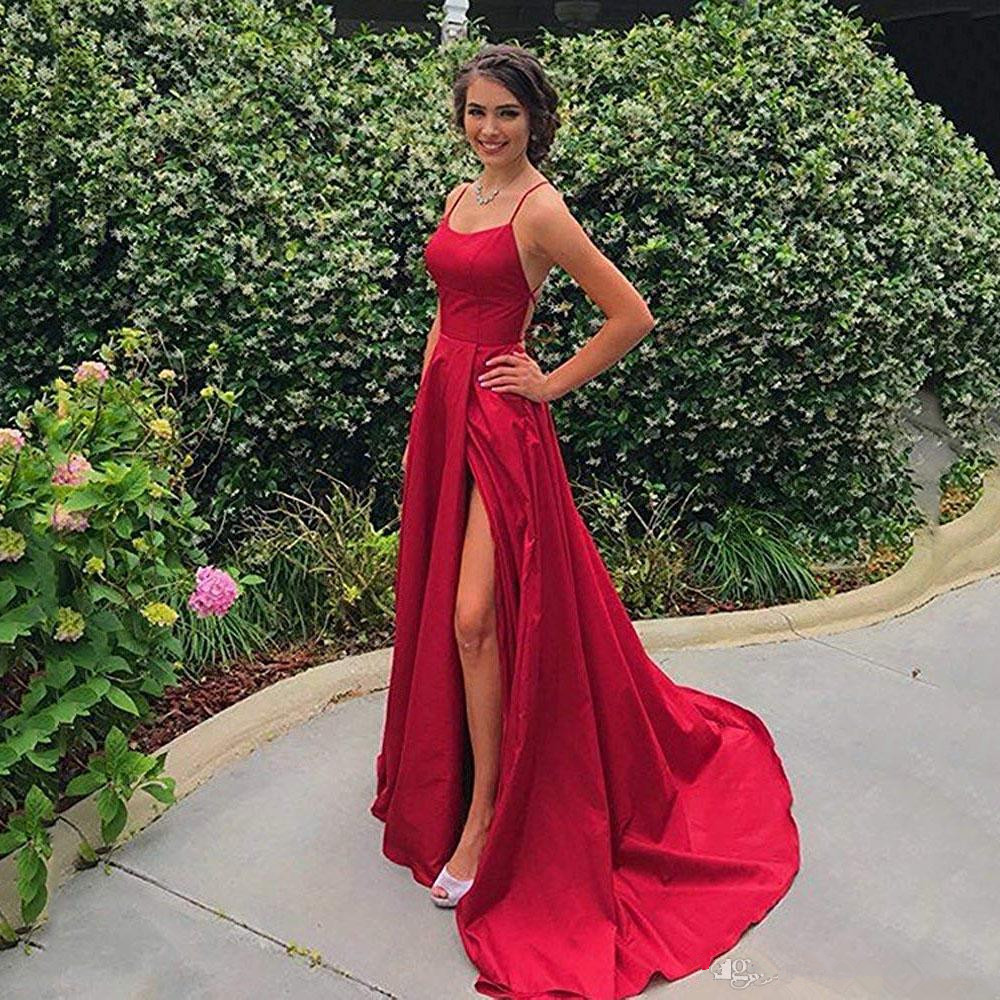 Image of Spaghetti Straps Satin Long Prom Dresses Ruched Split Criss Cross Sweep Train Formal Party Evening