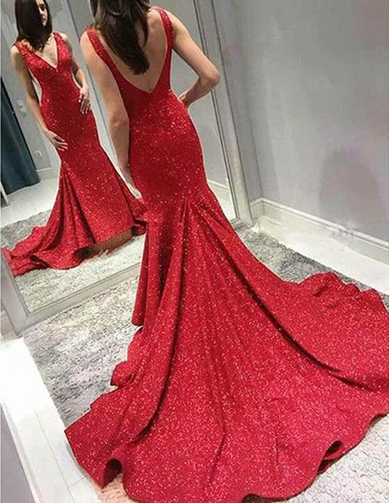 Image of Sparkly Mermaid Glitter Prom Evening Gowns Deep V Neck Formal Dress Cutaway Sides Backless Pageant vestidos fiesta de noche